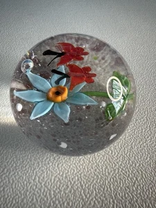 Blue Flower Red Butterflies Clear Glass Paperweight Butterfly Office Desk - Picture 1 of 9