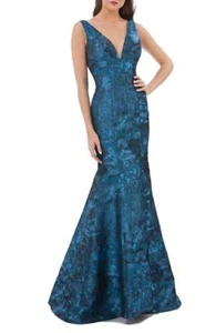 Carmen Marc Valvo Infusion 161274 Plunging Brocade Mermaid Dress Sapphire Sz. 4 - Picture 1 of 2