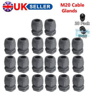 20X M20 20MM IP68 GRIS IMPERMEABLE RELLENO COMPRESIÓN GLÁNDULA BLOQUEO TUERCA ARANDELA - Imagen 1 de 1