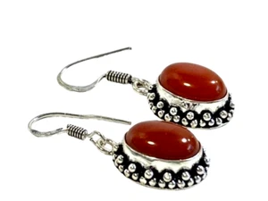 Pendientes colgantes ovalados de cornalina de plata de ley 925 estampados hechos a mano - Imagen 1 de 9