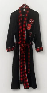 Marvel Deadpool Adult Medium Red + Black Plush Plaid Robe W/ embroidered patches - Picture 1 of 11