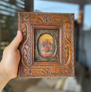 Antique Orthodox Icon Christ Enthroned Hand-Painted Wood Carved Frame 19th⭐ - Picture 1 of 21