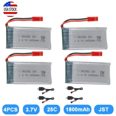 4Pcs 3.7V 1800mah Lipo Battery 25C JST Plug USB Charger for RC Drone Battery USA - Image 1 of 4