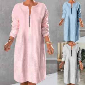 Women Zipper V Neck Ribbed Knit Jumper Dress Long Sleeve Stretch Loose PLUS SIZE - Picture 1 of 12