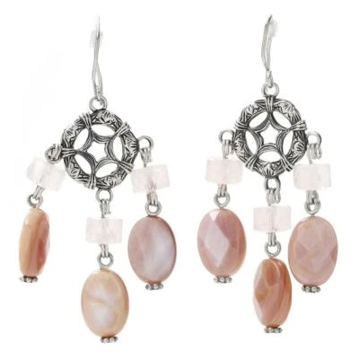 Stephen Dweck Silver Cartwheel Rose Quartz Pink Mother Of Pear Dangle Earrings - Image 1 of 4