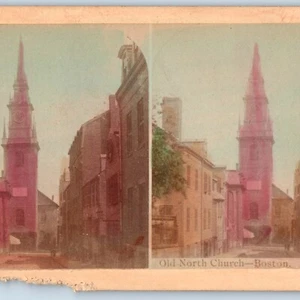 c1880s Boston, MA Old North Church Stereoview Hand Colored Real Photo Mass V28 - Zdjęcie 1 z 4