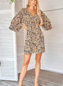 NWT BIUBIU Women's Casual V Neck Boho Floral Dress Long Sleeve Ruffle Hem Mini S - Picture 1 of 3