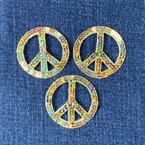 3-Pack Sequin Peace Sign Applique Patch Gold Embroidered World Peace Badge 1.5" - Picture 1 of 2