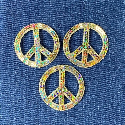 3-Pack Sequin Peace Sign Applique Patch Gold Embroidered World Peace Badge 1.5" - Image 1 of 2
