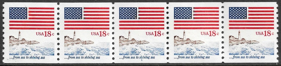 US Stamp #1891 18c. Flag and Anthem Coil Strip of 5 Plate #1 MNH - Image 1 of 1