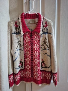 Vintage Liz Claiborne Zip Front  Skiers/trees hand knit Sweater Size M  - Picture 1 of 16
