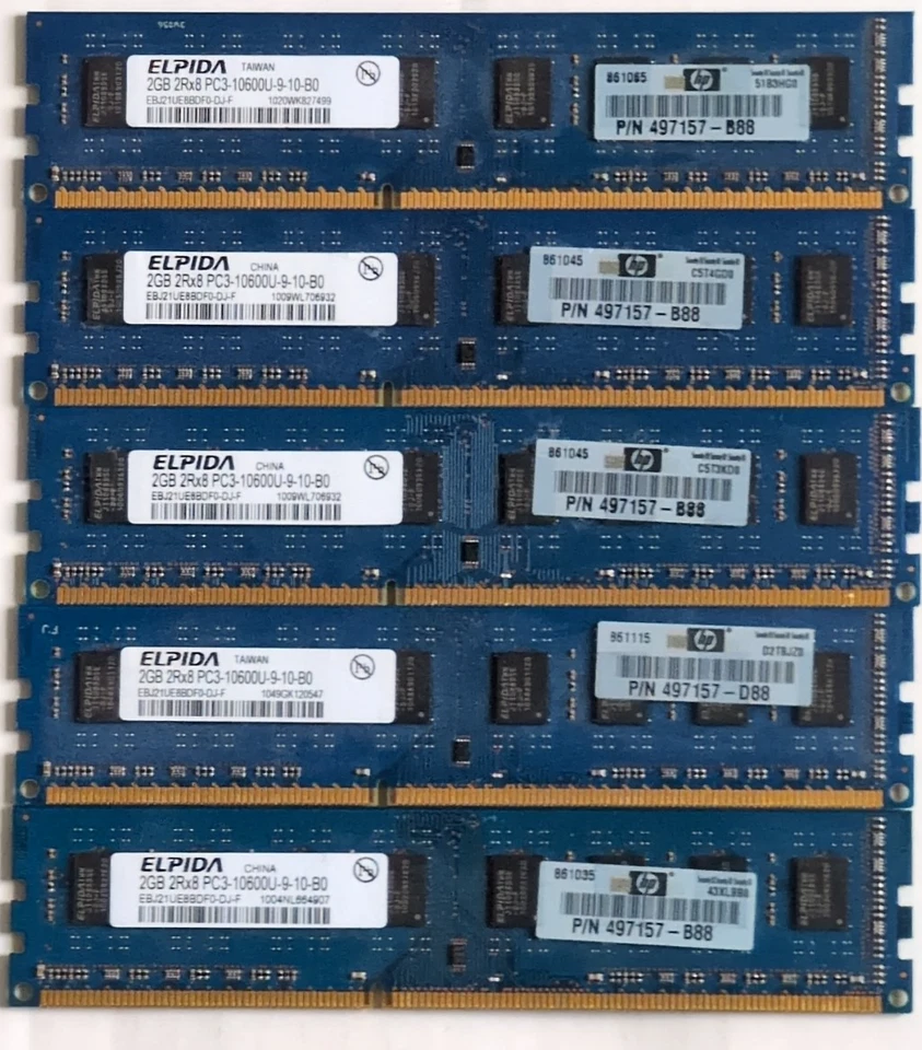 Lot Of 5 Elpida 2GB 2Rx8 PC3-10600U-9-10-B0 EBJ21UE8BDF0-DJ-F - Image 1 of 1