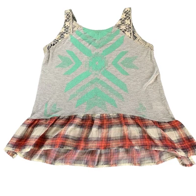 Anthropologie Scrapbook Tank Top Plaid Ruffle Tribal Design Lace at Arms Sz M - Image 1 of 4