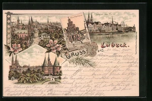 Lithographie Lübeck, Ortsansicht vom Dom, Schifferhaus, Teilansicht mit Holsten  - Picture 1 of 2