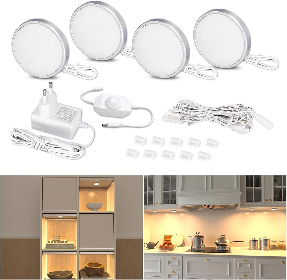 Luce LED Sottopensile Cucina Dimmerabile, 4 Pezzi Luci per Vetrina Con Filo, Far - Immagine 1 di 4