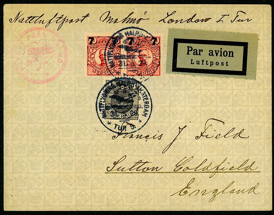 SWEDEN 1929 FIRST FLIGHT Malmo-London Night Mail Light Red "Luftpost Fran Malmo" - Image 1 of 1
