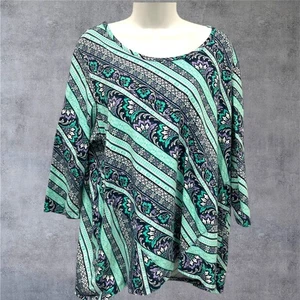 Kim Rogers Top Womens 1X XL Teal Green 3/4 Sleeve Curvy Cotton Casual - Picture 1 of 7