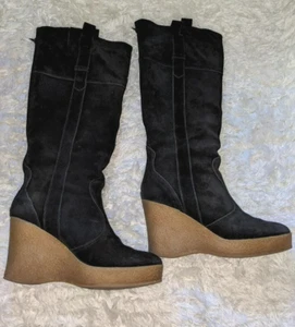 Colin Stuart Wedge Heel Tall Boots Women Black Leather Suede Sz 8B made in Italy - Picture 1 of 10