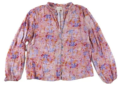 Cloth & Stone 人造丝粉色紫色橙色花卉纽扣长袖罩衫 S — 第 1/4 张图片