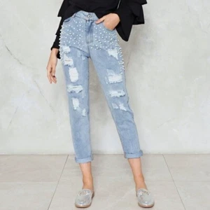 Nasty Gal High Waisted Ankle Jeans Faux Pearl Beads & Distressed Patches Size L - Picture 1 of 9