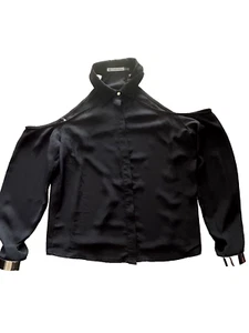 mustard seed women top cold shoulder button up sheer long sleeve size S black - Picture 1 of 7