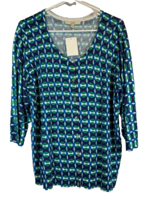 NUEVO Sejour Mujeres Plus 1X Algodón Viscosa Estampado Círculo Cárdigan Suéter Verde A15 Foto 1 de 4