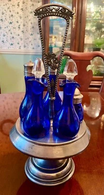 Antique Victorian Oil Vinegar Cruet Set Cobalt Blue Quadruple Plate - Image 1 of 4