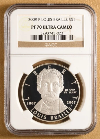 2009 P Louis Braille Commemorative Silver Dollar NGC PF 70 Ultra Cameo Cover