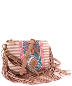 Aztec Tribal Print Canvas Genuine Leather Side Fringe Medium Crossbody Handbag - Picture 1 of 2