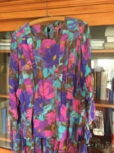 Vintage Viskose Kleid Lila-Pink-Türkis-Töne Gr. 42 mit Schärpe seitlich - Bild 1 von 4