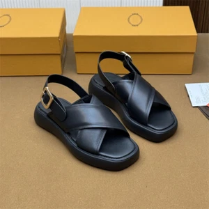 Tod's Women's Leather Black Cross-belt Buckle Thick-soled Anti-slip Sandals - Picture 1 of 19