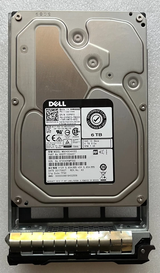 03PRF0 DELL TOSHIBA 6TB 7.2K SAS 12Gb/s 3.5'' 512e HDD 3PRF0 MG04SCA60EE T440 - Image 1 of 1
