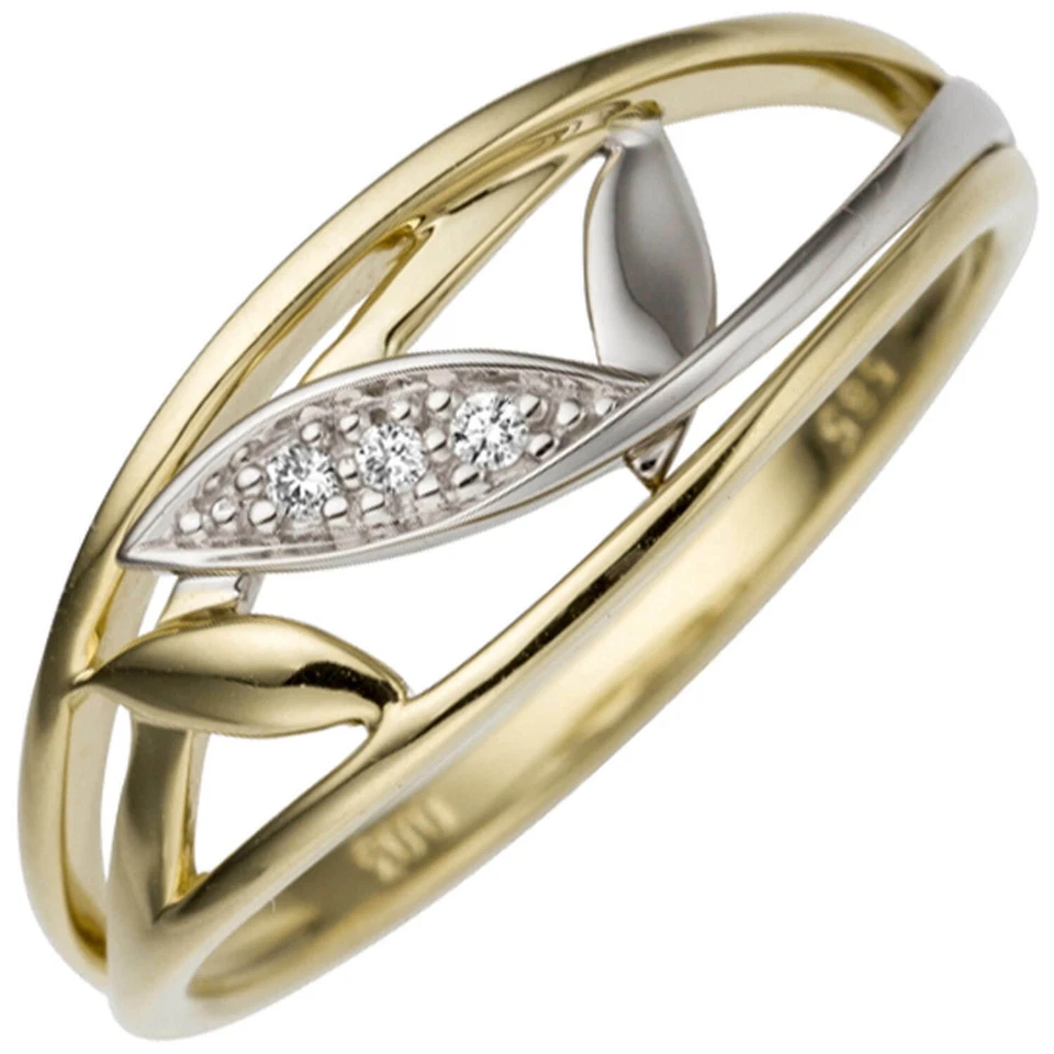 Ring Women's Ring, Leaves With 3 Diamonds, 585 Yellow Gold White Gold - Image 1 of 1