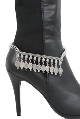 Women Silver Chain Boot Bracelet Anklet Shoe Indian Native Coins Charms Jewelry - Imagem 1 de 4