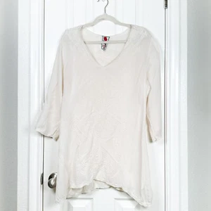 Johnny Was Womens Large Ivory Cream Embroidered 3/4 Sleeve Tunic Top Boho FLAW - Picture 1 of 8