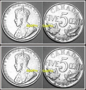 2x CANADA 1936 CANADIAN NICKEL 5¢ KING GEORGE V VINTAGE RARE 5 CENT COIN LOT - Bild 1 von 2