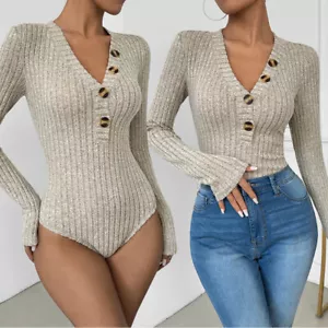 Langarm-Trikot-Body Für Damen Geripptes Dehnbares Body-Oberteil Für Damen T- < - Bild 1 von 15