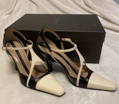Gucci Shoes Women 4.5 Black & White Heels Patent Leather w BOX Classic Worn Once - Image 1 of 4