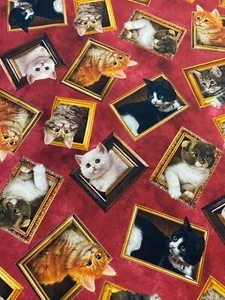 REALISTIC CATS IN PICTURE FRAMES RED BACKGROUND COTTON FABRIC FQ - Picture 1 of 6