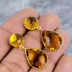 Goldener Citrin Edelstein Handarbeit 925 Sterlingsilber Schmuck Tropfen Hängel Ohrring - Bild 1 von 4