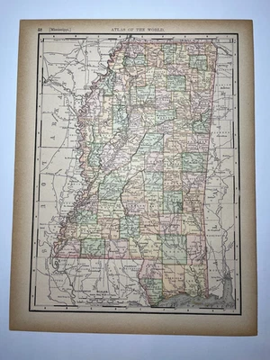 Mapa estatal de Mississippi 1893 fm 1894 Rand-McNally biblioteca Atlas VER FOTOS/DESCRIPCIÓN Foto 1 de 2