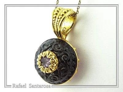 Byzantine amethyst silver pendant, oxidized sterling silver charm with amethyst - Image 1 of 4