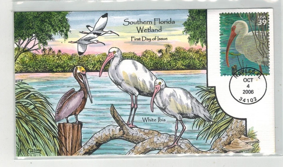 2006 COLLINS HANDPAINTED SOUTHERN FLORIDA WETLAND BIRDS WHITE IBIS & PELICAN - Image 1 of 1