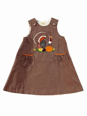 ROSALINA COLLECTIONS DRESS Sz 3T Brown & White Check Sewn On Appliqué Turkey - Image 1 of 4