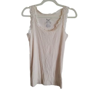 Y2K geripptes Tanktop mit Spitzenbesatz Damen Medium beige Rundhals Boho Fee Freizeit - Bild 1 von 7