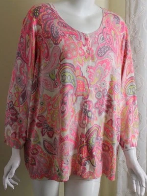 全新带标签 Talbots 2X 粉红色黄色米色精美棉质佩斯利艺术服装开衫毛衣 — 第 1/4 张图片