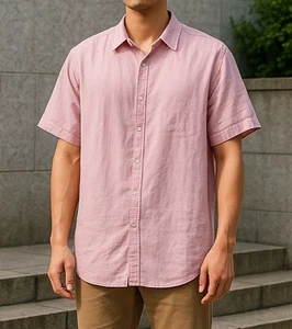 Perry Ellis Men's XL Tall Pink Linen Short Sleeve Button Front Shirt 100% Linen - Picture 1 of 8