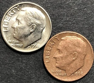 1968-D DIME SPLIT PLANCHET LAMINATION FLAW ERROR COIN and UNC 1968-P - Picture 1 of 4