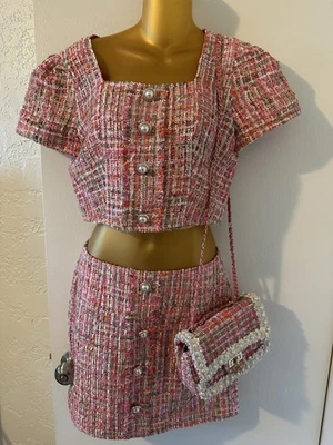 Conjunto de falda de tweed rosa Adalyn Rae talla pequeña con cartera a juego Foto 1 de 4