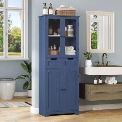 3-Tier Tall Bathroom Kitchen Cabinet Storage Cabinet With 4 Glass Door 2 Drawers - Image 1 of 4